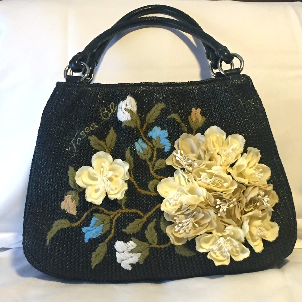 Tosca Blu Tote Handbag Black Woven Crewel Applique